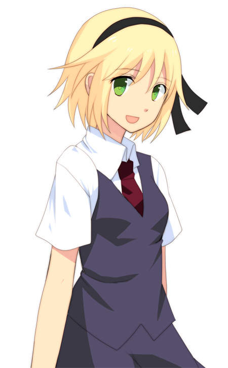 mi (pixiv697271), nanami (mimimimimimimi), original, bad id, bad pixiv id, 1girl, :d, black hairband, black skirt, black vest, blonde hair, female focus, from side, green eyes, hair ribbon, hairband, looking at viewer, necktie, open mouth, red necktie, ribbon, short hair, short sleeves, simple background, skirt, smile, solo, vest, white background