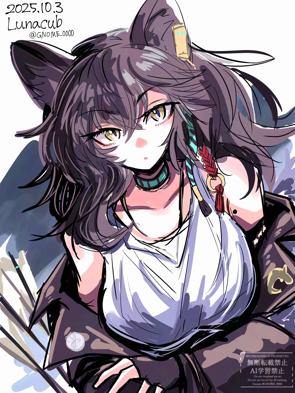 gnome (gnome 0000), lunacub (arknights), arknights, highres, 1girl, :o, animal ears, bare shoulders, breasts, brown hair, brown jacket, character name, choker, collarbone, crossed arms, dated, dress, earclip, green choker, jacket, long hair, looking at viewer, medium breasts, mole, mole on shoulder, one-hour drawing challenge, parted lips, sleeveless, sleeveless dress, slit pupils, solo, twitter username, upper body, white background, white dress, wolf ears, wolf girl, yellow eyes