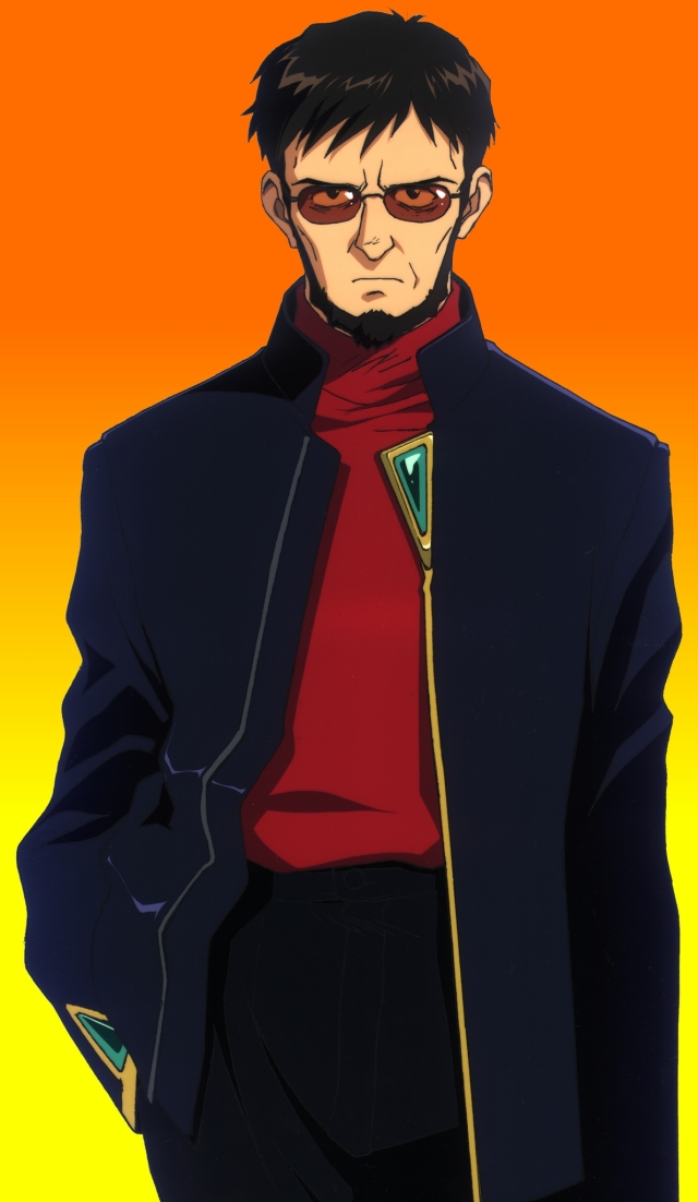 ikari gendou, neon genesis evangelion, official art, 1boy, beard, facial hair, glasses, gradient background, hand in pocket, male focus, solo
