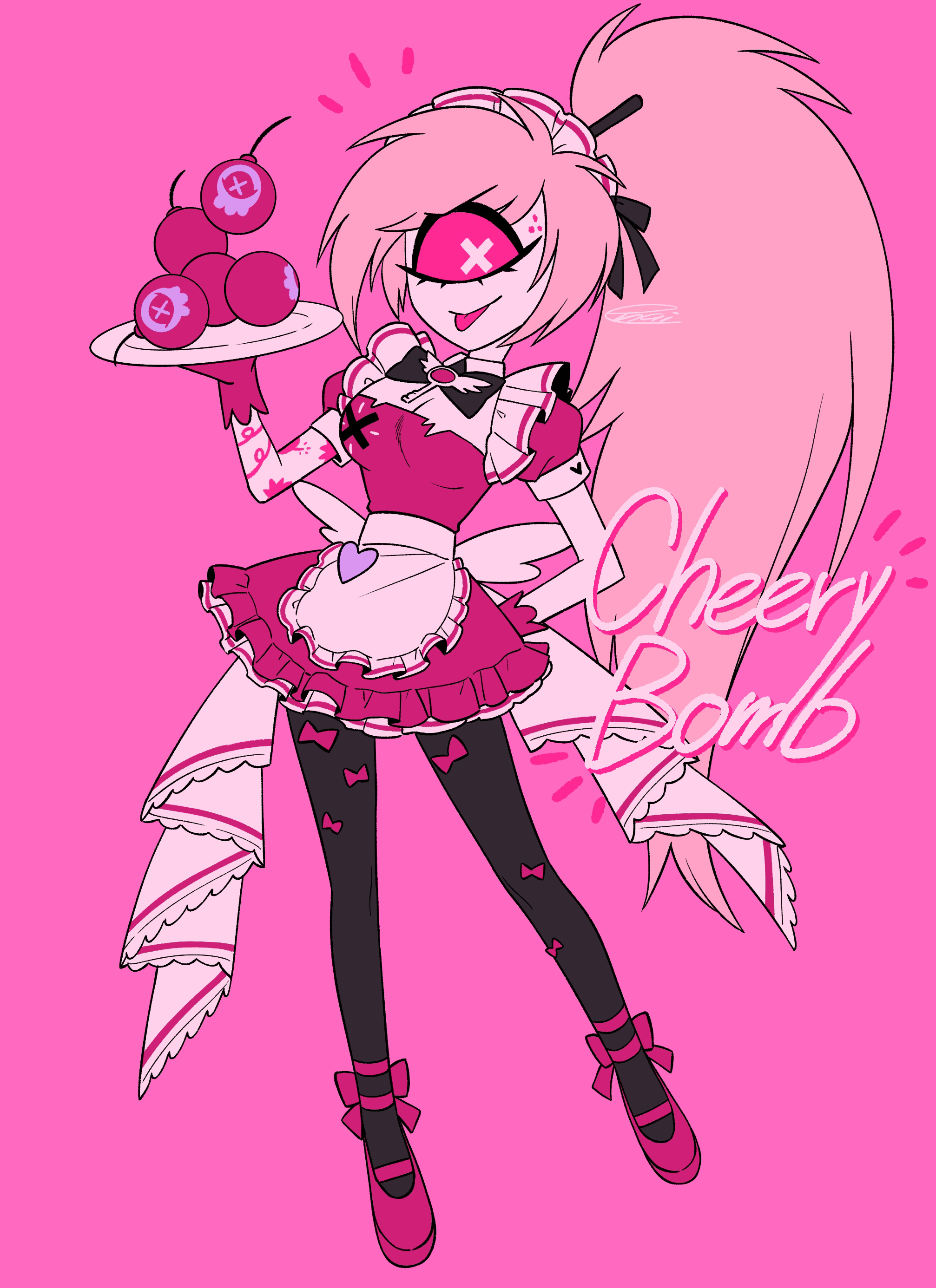 menma (enaic31), cherri bomb, hazbin hotel, hellaverse, absurdres, commentary request, highres, 1girl, alternate costume, antenna hair, apron, arm tattoo, back bow, black bow, black bowtie, black pantyhose, bomb, bow, bowtie, breasts, brooch, character name, closed mouth, collared shirt, colored skin, cyclops, enmaided, explosive, frilled apron, frills, full body, gloves, hair tie, hand on own hip, hand up, heart, high ponytail, holding, holding plate, jewelry, long hair, looking at viewer, maid, maid apron, maid headdress, one-eyed, pantyhose, petticoat, pink background, pink bow, pink gloves, pink hair, pink shoes, plate, ponytail, puffy short sleeves, puffy sleeves, shirt, shoes, short sleeves, simple background, small breasts, smile, solo, standing, swept bangs, tattoo, tongue, tongue out, traditional bowtie, typo, very long hair, waist apron, white apron, white bow, white shirt, white skin