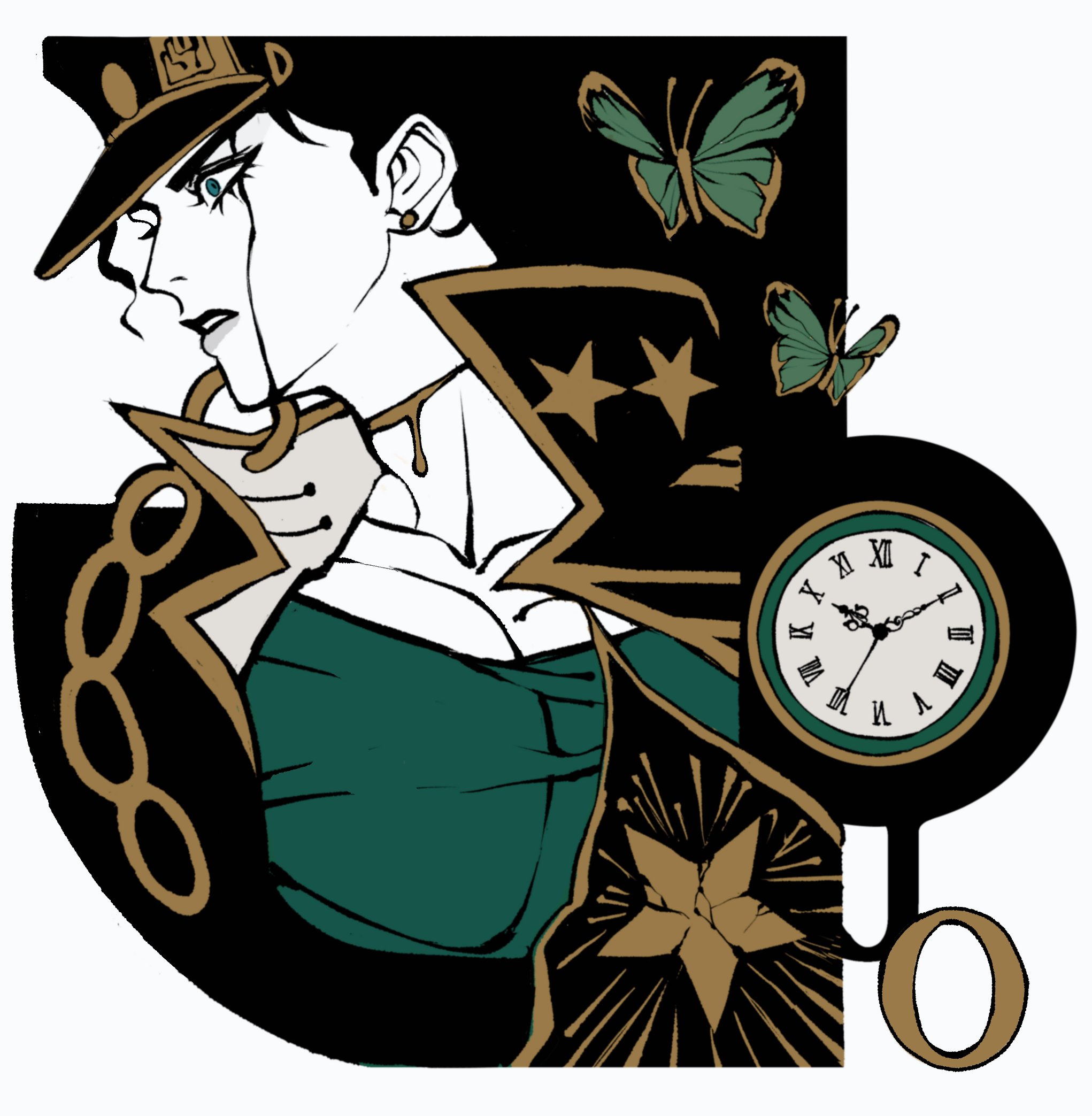 clamchowder55, kuujou joutarou, jojo no kimyou na bouken, stone ocean, highres, 1boy, black hair, blue eyes, bug, butterfly, chain, clock, coat, earrings, flat color, green butterfly, green shirt, hat, high collar, insect, jewelry, limited palette, male focus, peaked cap, pectoral cleavage, pectorals, shirt, solo, star (symbol), stud earrings, watch, yellow blood