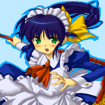 andou mahoro, mahoromatic, lowres, non-web source, blue hair, broom, green eyes, long hair, maid, oekaki, ponytail, solo