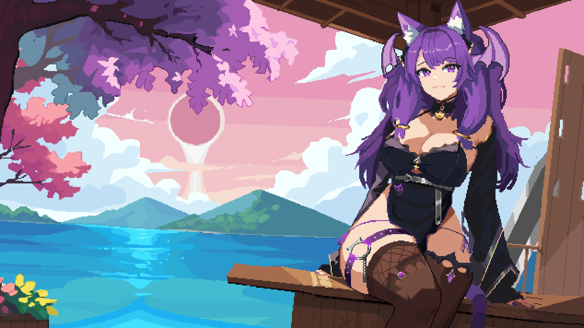 archapxl, original, commentary, english commentary, highres, 1girl, animal ear fluff, animal ears, bare shoulders, bench, black dress, brand of sacrifice, breasts, brown thighhighs, cleavage, closed mouth, cloud, cloudy sky, collar, detached sleeves, dress, flower, halterneck, head wings, jewelry, long hair, long sleeves, looking at viewer, medium breasts, mountain, necklace, ocean, on bench, pink sky, pixel art, purple eyes, purple hair, sitting, sky, smile, solo, spoiled softie (vtuber), sun, thighhighs, tree, virtual youtuber, wings