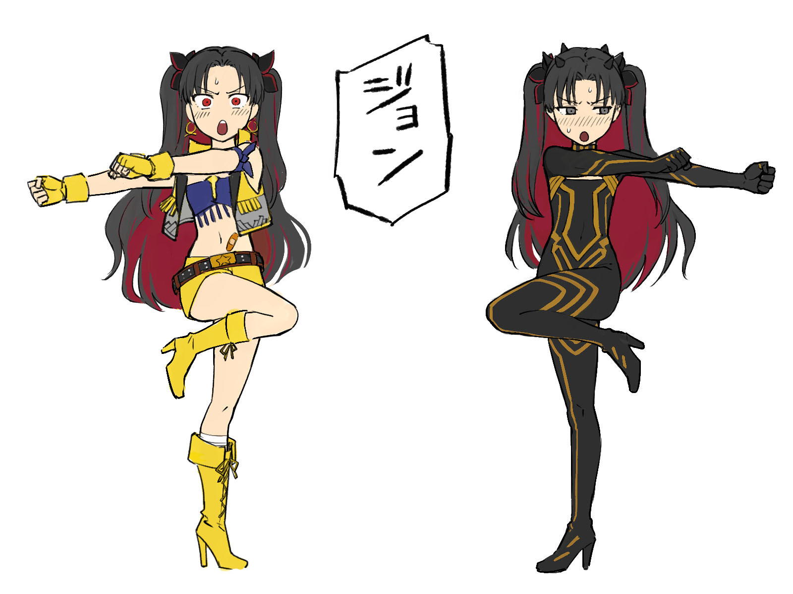 b suke, ishtar (fate), space ishtar (fate), space ishtar (first ascension) (fate), space ishtar (second ascension) (fate), dragon ball, dragonball z, fate/grand order, fate (series), commentary request, highres, translation request, 2girls, bandaid on stomach, bandeau, belt, black bodysuit, black eyes, black hair, blue bandeau, blush, bodysuit, boots, brown belt, colored inner hair, dual persona, earrings, fingerless gloves, flat chest, fusion dance, gloves, high heel boots, high heels, hoop earrings, jewelry, multicolored hair, multiple girls, parody, red eyes, red hair, short shorts, shorts, standing, standing on one leg, sweatdrop, two-tone hair, two side up, yellow gloves, yellow shorts