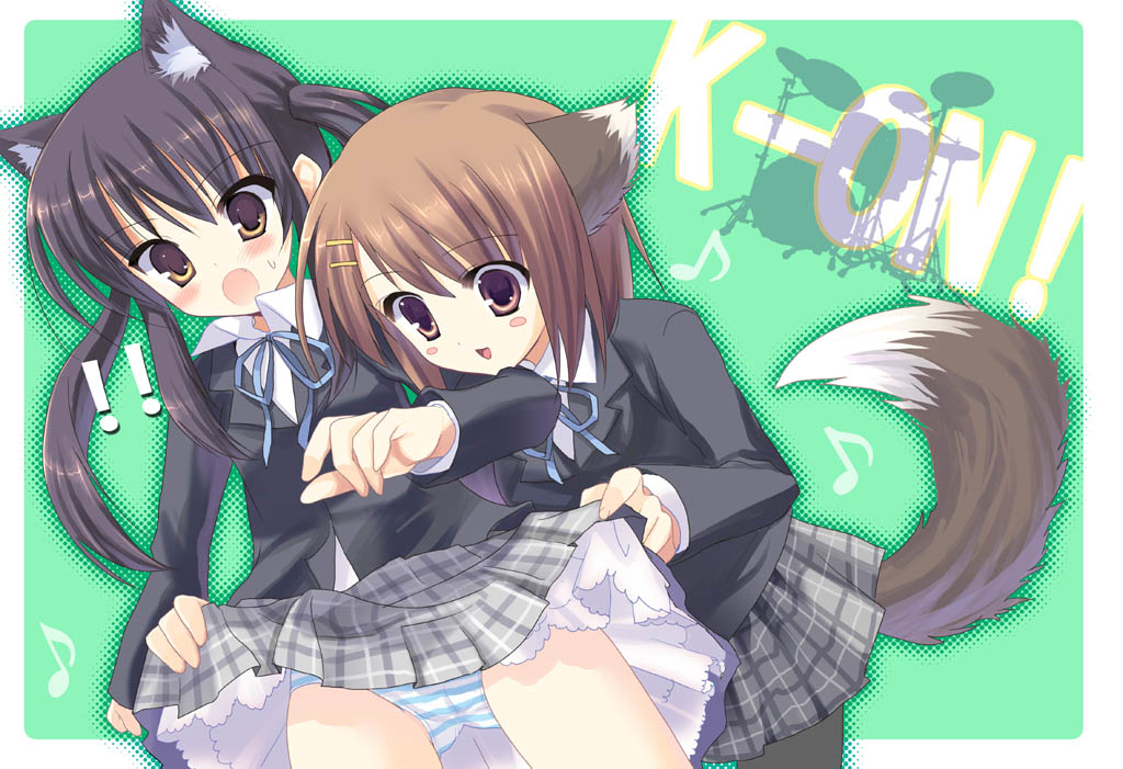 chimaro, hirasawa yui, nakano azusa, k-on!, !, 00s, 2girls, animal ears, blush, cat ears, cat tail, clothes lift, dog ears, multiple girls, panties, pantyhose, plaid clothes, plaid skirt, school uniform, skirt, skirt lift, striped clothes, striped panties, tail, underwear