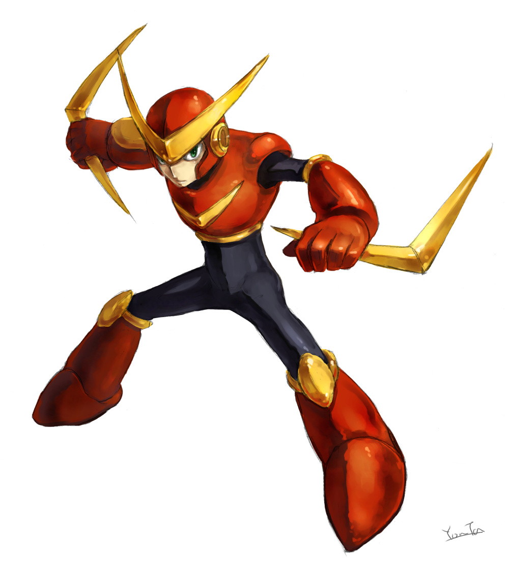nabenko, quick man, capcom, mega man (classic), mega man (series), mega man 2, bad id, bad pixiv id, 1boy, boomerang, green eyes, male focus, robot, simple background, solo, white background