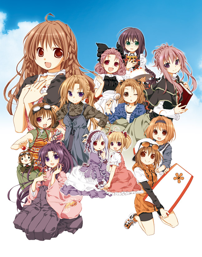 koshou shichimi, aria (sister princess), chikage (sister princess), haruka (sister princess), hinako (sister princess), kaho (sister princess), karen (sister princess), mamoru (sister princess), marie (sister princess), rinrin (sister princess), sakuya (sister princess), shirayuki (sister princess), yotsuba (sister princess), sister princess, 00s, 6+girls, ahoge, apron, bike shorts, blonde hair, blush, bow, braid, brown eyes, brown hair, dress, frills, full body, glasses, goggles, goggles on head, green eyes, hair bow, hair ribbon, hairband, hakama, hakama skirt, hands on own chest, japanese clothes, lolita fashion, long hair, looking at viewer, multiple girls, neck ribbon, one eye closed, orange hair, outdoors, pinafore dress, pink eyes, pink hair, ponytail, puffy sleeves, purple eyes, purple hair, red eyes, ribbon, robot, seiza, shoes, short hair, short sleeves, siblings, sisters, sitting, skirt, sky, sleeveless dress, smile, sneakers, twin braids, twintails, very long hair, wink