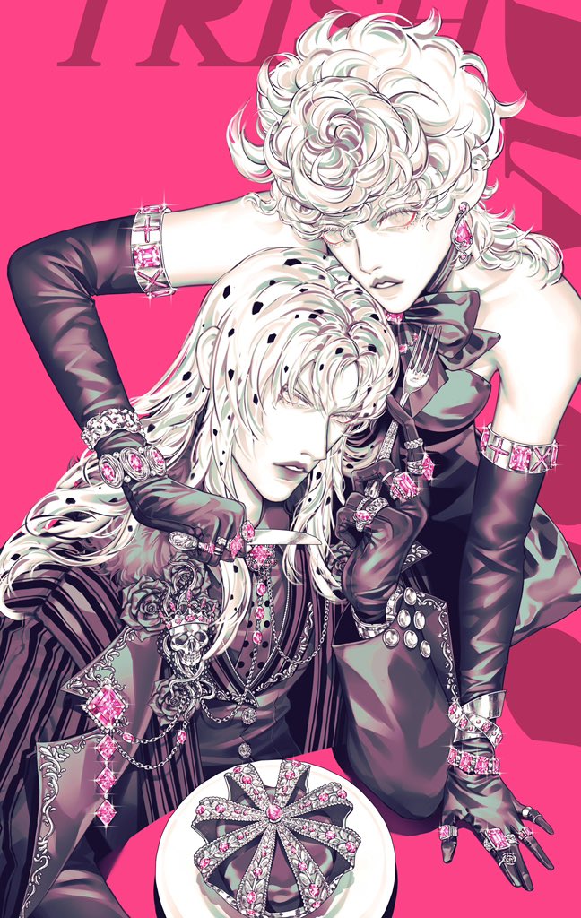 zhhy3324, diavolo, trish una, jojo no kimyou na bouken, vento aureo, 1boy, 1girl, alternate costume, arched crown, bare shoulders, black lips, bow, character name, crown, dress, earrings, elbow gloves, father and daughter, flower, flower ornament, fork, formal clothes, gloves, holding, holding fork, holding knife, jacket, jewelry, knife, long hair, looking at viewer, makeup, multiple rings, parted lips, pink background, pink theme, pinstripe pattern, pinstripe suit, plate, ring, short hair, spotted hair, suit, suit jacket, white hair