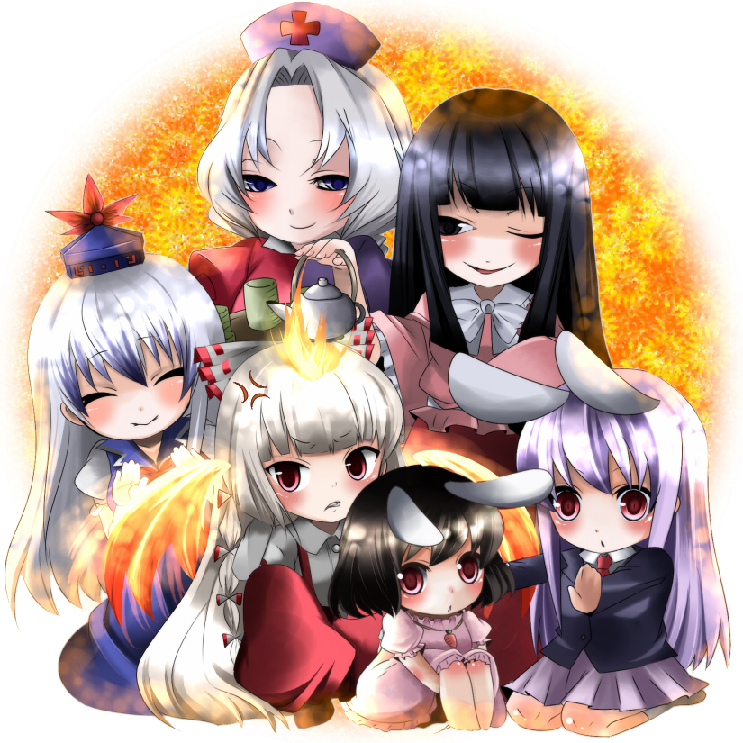 kozue, yukibina, fujiwara no mokou, houraisan kaguya, inaba tewi, kamishirasawa keine, reisen udongein inaba, yagokoro eirin, touhou, silver hair, bad id, bad pixiv id, 6+girls, animal ears, barefoot, black hair, blue eyes, blue hair, bow, chibi, everyone, female focus, fire, hair bow, hair ribbon, hat, long hair, multiple girls, necktie, purple hair, rabbit ears, red eyes, ribbon, short hair