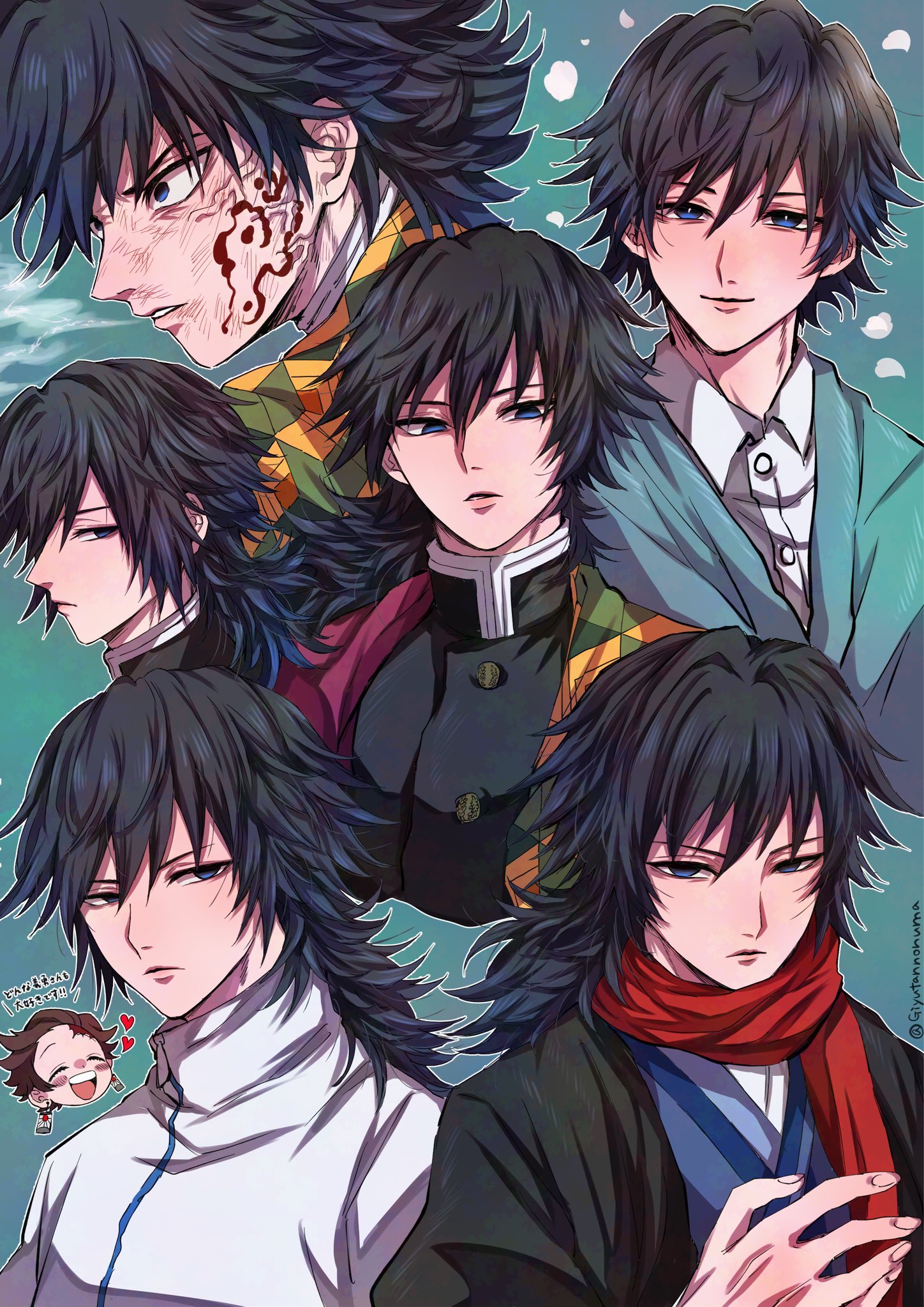 kamado tanjirou, tomioka giyuu, kimetsu no yaiba, highres, 2boys, alternate costume, aqua jacket, black hair, black jacket, blue eyes, brown hair, buttons, closed mouth, demon slayer uniform, earrings, giyutannonuma, gold buttons, hanafuda earrings, haori, high collar, jacket, japanese clothes, jewelry, kikkoumon, looking at viewer, low ponytail, male focus, multiple boys, multiple views, ponytail, print haori, profile, red haori, shirt, short hair, smile, spiked hair, teeth, upper body, white jacket, white shirt