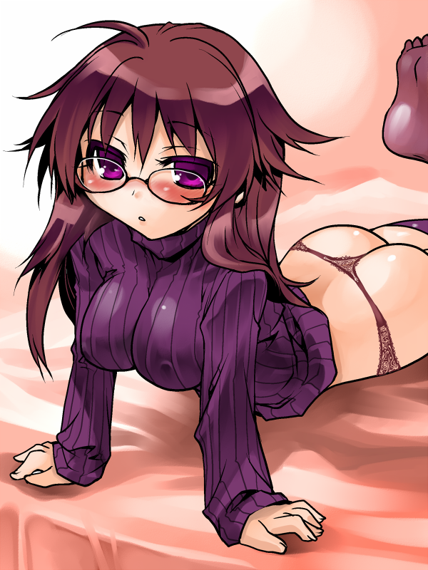 tokita monta, original, 1girl, ass, breasts, brown hair, female focus, glasses, lace, lace panties, messy hair, no pants, panties, purple eyes, solo, sweater, thighhighs, thong, underwear