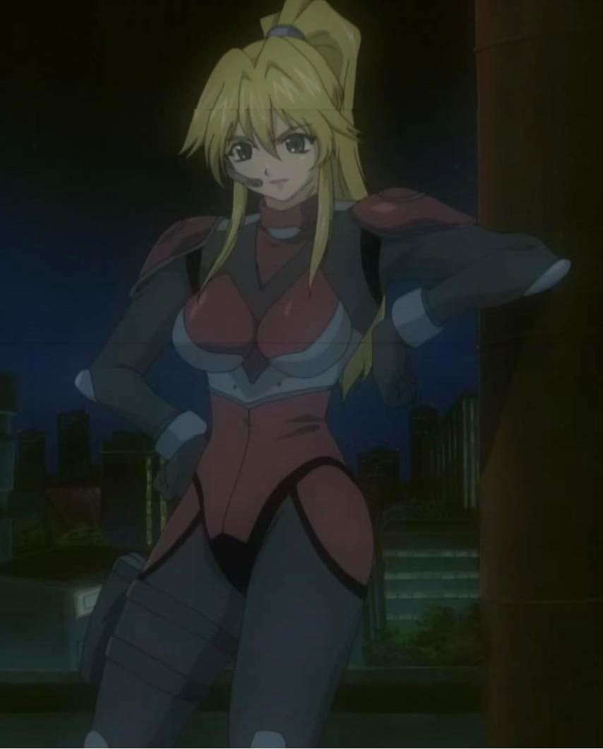 kinezono rio, burn-up, burn-up scramble, tagme, 00s, 1girl, blonde hair, bodysuit, city, female focus, hand on own hip, hip focus, holster, long hair, police, police uniform, policewoman, ponytail, solo, standing