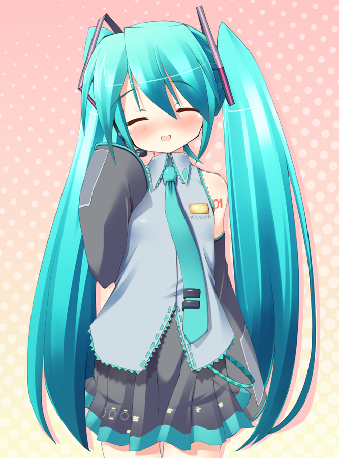 amakara surume, surume (pixiv3908), hatsune miku, vocaloid, bad id, bad pixiv id, aqua eyes, aqua hair, blush, closed eyes, detached sleeves, headset, long hair, necktie, skirt, solo, tattoo, twintails, very long hair