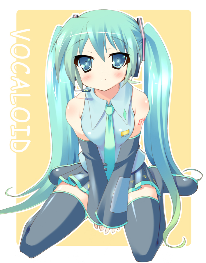 amakara surume, surume (pixiv3908), hatsune miku, vocaloid, bad id, bad pixiv id, aqua eyes, aqua hair, black thighhighs, blush, detached sleeves, headset, long hair, necktie, sitting, skirt, solo, tattoo, thighhighs, twintails, very long hair, zettai ryouiki