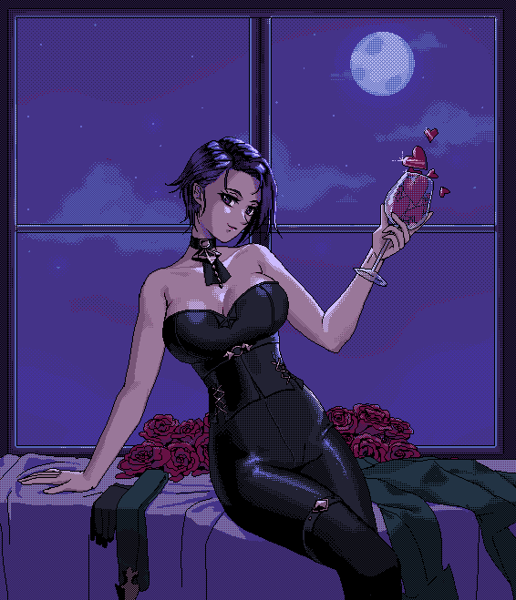 shamir nevrand, fire emblem, fire emblem: three houses, nintendo, 1girl, bare shoulders, breasts, cleavage, collarbone, cup, drinking glass, large breasts, moon, night, night sky, pixel art, purple eyes, purple hair, sitting, sky, solo, window, wine glass