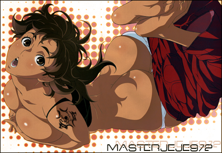 uno makoto, amaha masane, witchblade, breast hold, lowres, official art, third-party edit, 00s, 1girl, :o, antenna hair, arched back, ass, back, barefoot, black bra, blush, body blush, border, bra, bra pull, breasts, brown eyes, brown hair, butt crack, cleavage, clothes pull, curvy, dark-skinned female, dark skin, denim, feet, female focus, floating hair, from above, halftone, halftone background, jeans, large breasts, legs up, long hair, looking at viewer, lying, mature female, on stomach, panties, pants, pants pull, panty pull, shadow, skindentation, soles, solo, tattoo, underwear, undressing, watermark, white panties
