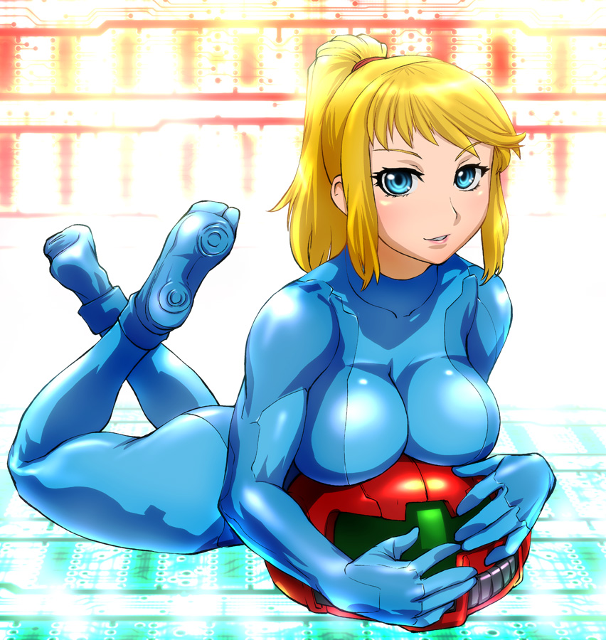 ueyama michirou, samus aran, metroid, nintendo, 1girl, blonde hair, blue eyes, blush, bodysuit, breasts, female focus, hair tie, helmet, impossible clothes, impossible shirt, large breasts, lying, ponytail, shirt, skin tight, smile, solo, unworn headwear, unworn helmet, zero suit
