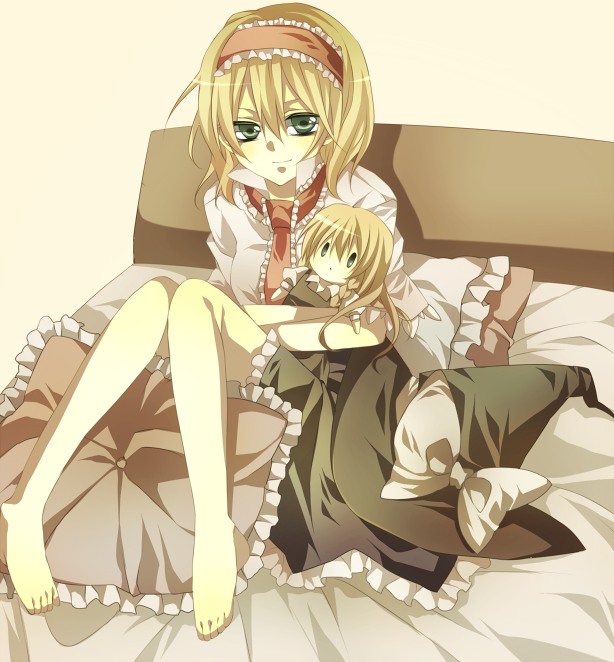 tsukioka tsukiho, alice margatroid, kirisame marisa, touhou, bad id, bad pixiv id, 1girl, barefoot, bed, blonde hair, character doll, doll, feet, female focus, frilled pillow, frills, green eyes, hairband, hat, pillow, solo, witch, witch hat