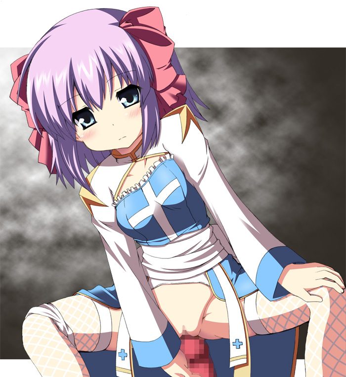izuko, arch bishop (ragnarok online), archbishop (ro), ragnarok online, bad id, bad pixiv id, 1girl, aqua eyes, blush, bow, censored, cowgirl position, fishnet thighhighs, fishnets, girl on top, guided penetration, hair bow, imminent penetration, imminent vaginal, just the tip, panties, panties around leg, penis, purple hair, pussy, short hair, solo focus, spread legs, squatting, straddling, thighhighs, underwear