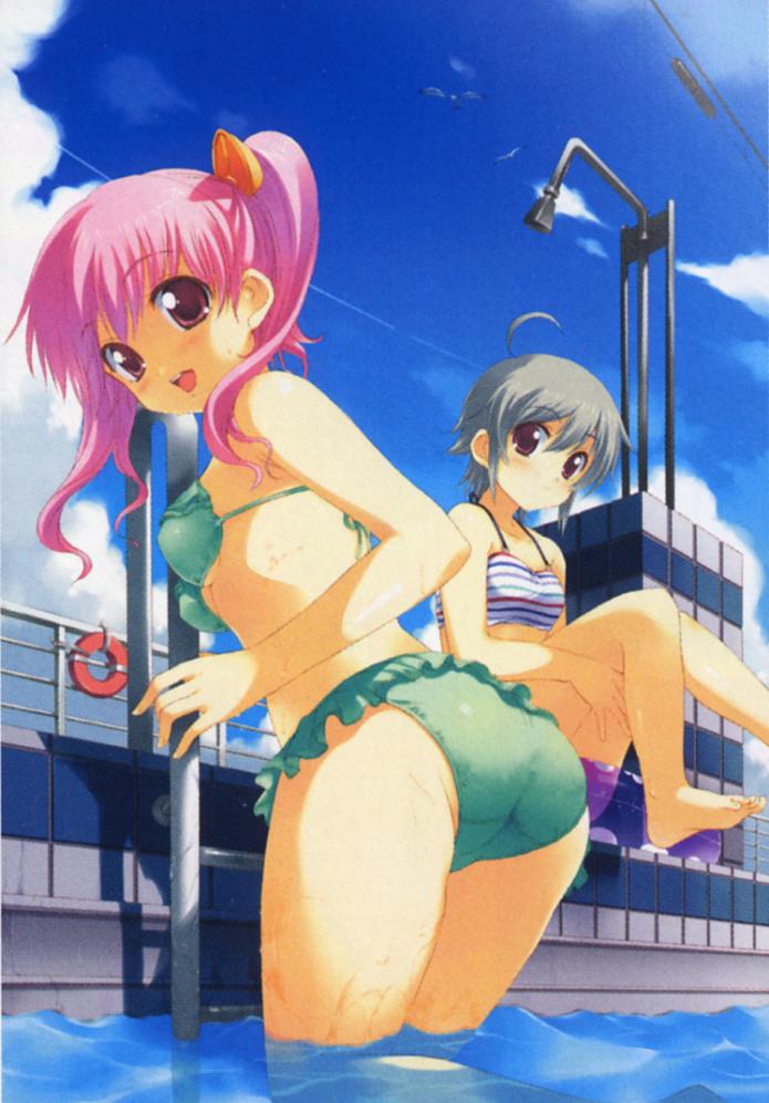 jpeg artifacts, non-web source, 2girls, ass, bikini, breasts, day, frilled bikini, frills, green bikini, grey hair, lifebuoy, long hair, looking at viewer, medium breasts, multiple girls, open mouth, outdoors, pink eyes, pink hair, pool, pool ladder, poolside, power lines, railing, red eyes, short hair, sky, striped bikini, striped clothes, swim ring, swimsuit, twintails, underboob