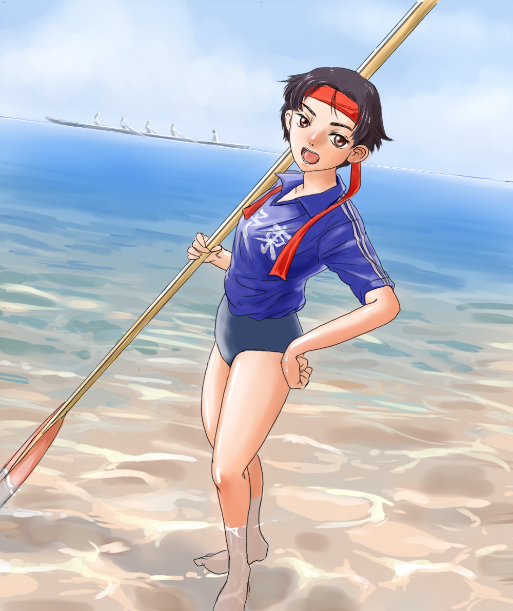 magashira aki, ganbatte ikimasshoi, bad id, 1girl, barefoot, beach, black hair, brown eyes, buruma, day, dutch angle, female focus, gym uniform, hand on own hip, headband, hip focus, holding, holding oar, oar, outdoors, short hair, solo, wading, water