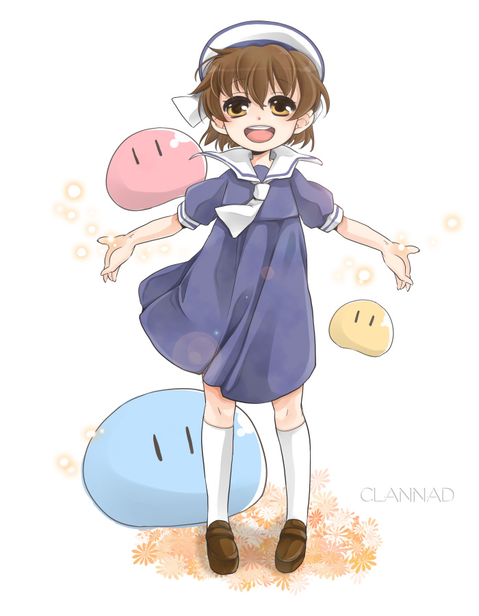 meso (goma-meso), okazaki ushio, clannad, dango daikazoku, bad id, bad pixiv id, 00s, 1girl, ascot, brown eyes, brown hair, brown shoes, child, copyright name, dixie cup hat, dress, female focus, hat, military hat, outstretched arms, sailor dress, school uniform, shoes, socks, solo, spread arms, standing, white socks
