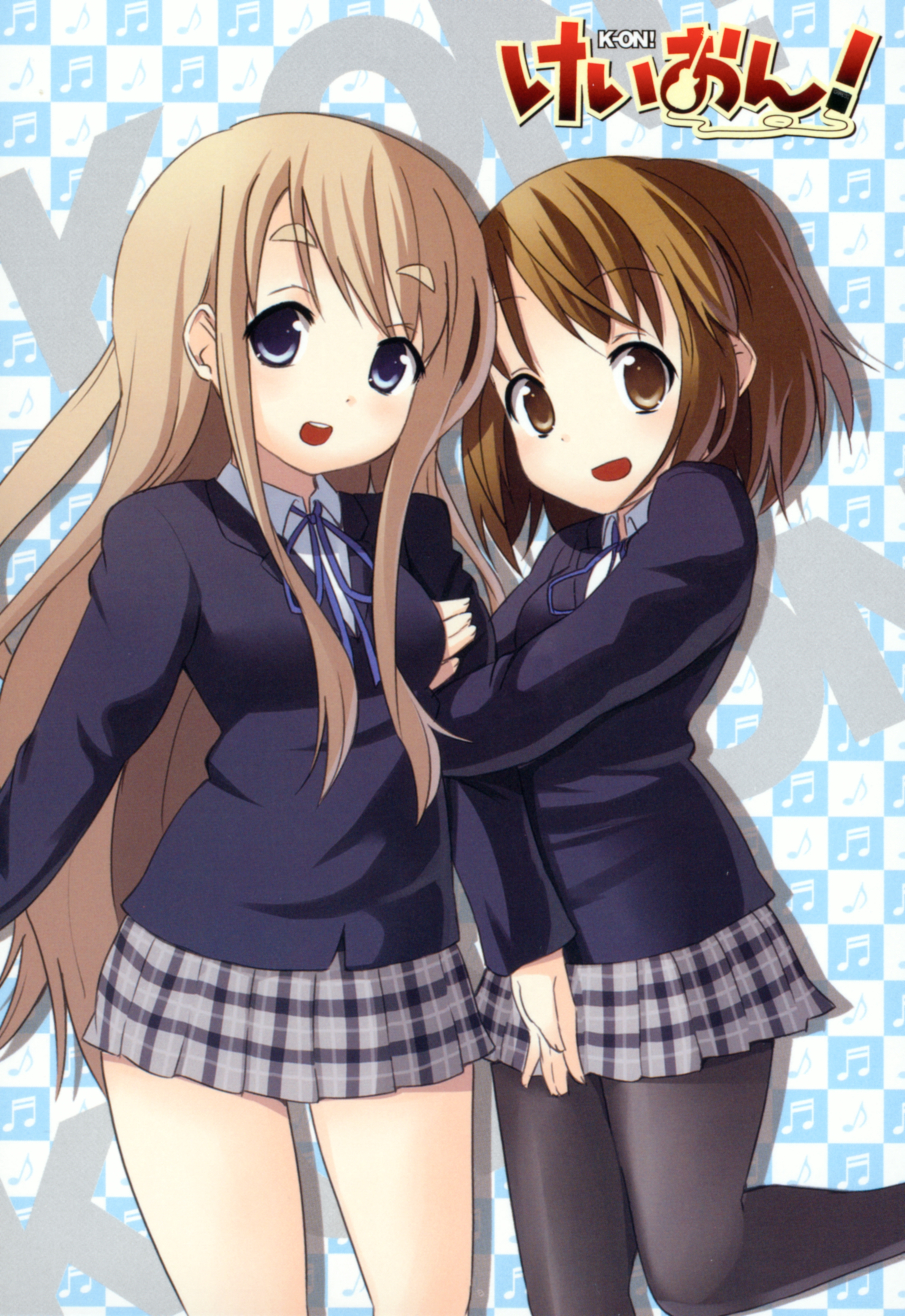 kakifly, hirasawa yui, kotobuki tsumugi, k-on!, arm grab, absurdres, highres, official art, scan, 00s, 2girls, arm hug, blazer, blonde hair, blue eyes, brown eyes, brown hair, holding another's arm, hug, jacket, long hair, multiple girls, open mouth, pantyhose, plaid clothes, plaid skirt, school uniform, short hair, skirt