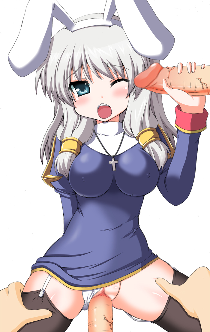 izuko, priest (ragnarok online), ragnarok online, silver hair, bad id, bad pixiv id, 1girl, animal ears, aqua eyes, blush, breasts, censored, clothing aside, cross, garter straps, group sex, handjob, impossible clothes, impossible shirt, jewelry, long hair, mmf threesome, necklace, one eye closed, open mouth, panties, panties aside, penis, priest, pussy, rabbit ears, sex, shirt, solo focus, thighhighs, threesome, underwear, vaginal, white panties, wink
