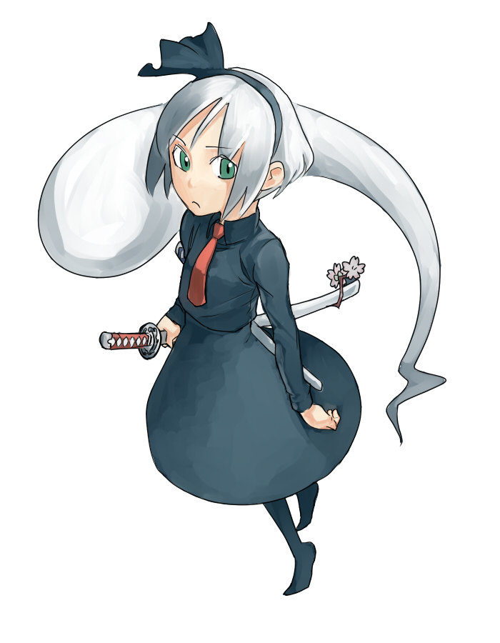 giovanni (artist), konpaku youmu, konpaku youmu (ghost), touhou, bad id, bad pixiv id, 1girl, dress, female focus, flower, from above, ghost, green eyes, hitodama, katana, ribbon, sheath, sheathed, short hair, solo, sword, weapon, white hair