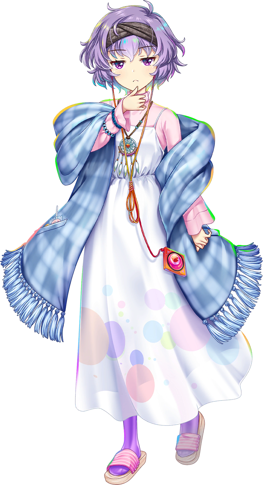 rotte (1109), komeiji satori, touhou, touhou lostword, clothing request, game cg, highres, official art, third-party source, 1girl, alternate costume, candy, closed mouth, dress, food, jewelry, long sleeves, looking at viewer, necklace, pantyhose, pendant, pink shirt, purple eyes, purple hair, purple pantyhose, shirt, short hair, sleeveless, sleeveless dress, slippers, solo, transparent background, white dress