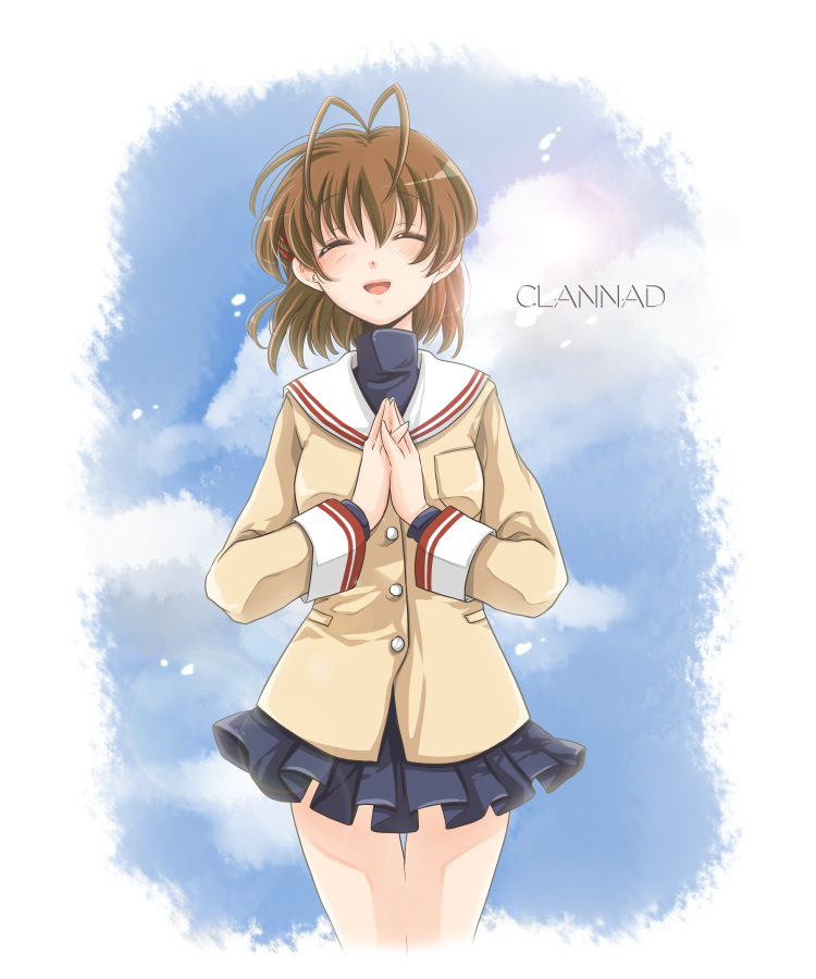 meso (goma-meso), furukawa nagisa, clannad, bad id, bad pixiv id, 00s, antenna hair, brown eyes, brown hair, closed eyes, school uniform, short hair, solo