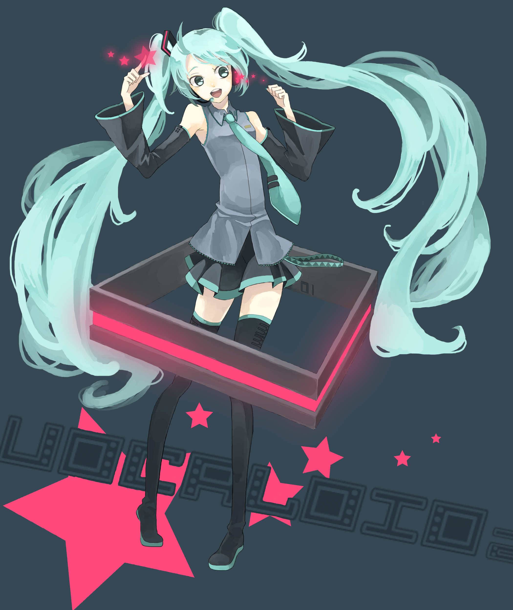 bunkoro, hatsune miku, vocaloid, absurdres, highres, aqua eyes, aqua hair, detached sleeves, headset, long hair, necktie, skirt, solo, thighhighs, twintails, very long hair, zettai ryouiki