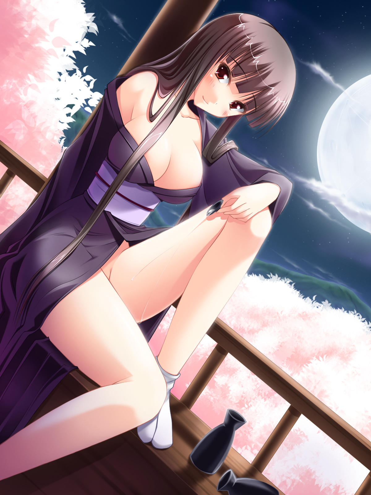 massan, highres, 1girl, alcohol, blush, breasts, brown hair, cherry blossoms, cleavage, cloud, dutch angle, female focus, head tilt, japanese clothes, kimono, large breasts, long hair, moon, night, no panties, off shoulder, red eyes, sake, sitting, sky, smile, socks, solo, tokkuri, very long hair