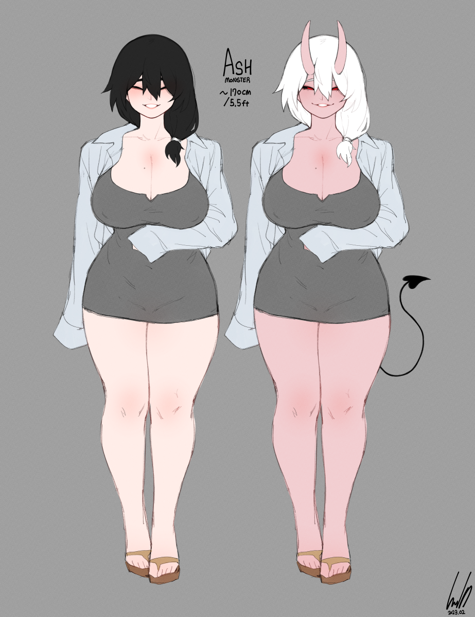 ginseng (xin), ash (ginseng), original, commentary, english commentary, highres, 1girl, black hair, breasts, character name, cleavage, closed eyes, collarbone, collared shirt, dated, demon girl, demon horns, demon tail, dress, english text, full body, grey background, grey dress, horns, large breasts, long sleeves, mole, mole on breast, open clothes, open shirt, parted lips, red eyes, sandals, shirt, short dress, signature, simple background, sleeves past fingers, sleeves past wrists, smile, standing, tail, variations, white hair, white shirt