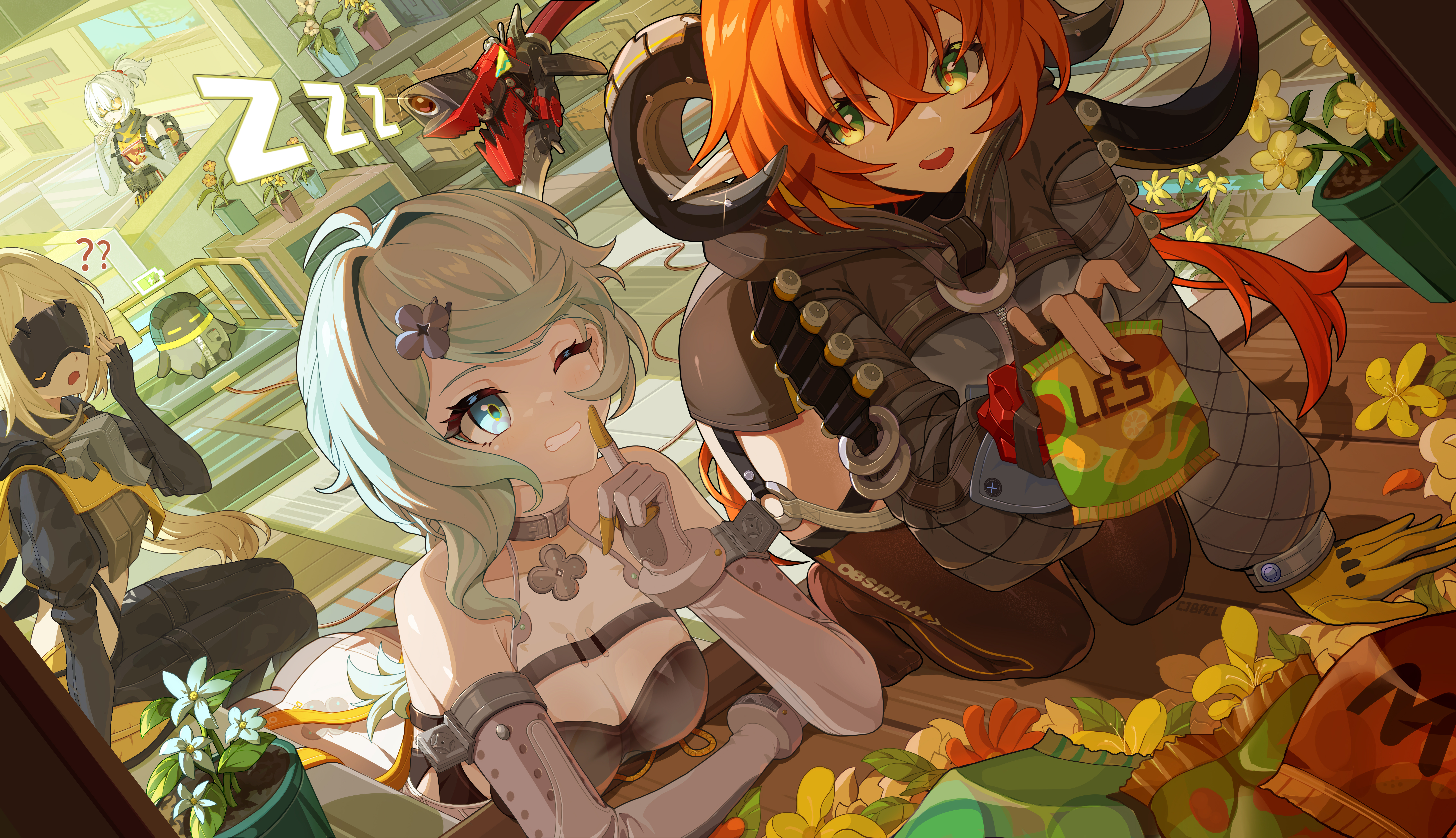 bupa chila, bangboo (zenless zone zero), orphie magnusson, seed (zenless zone zero), soldier 11 (zenless zone zero), trigger (zenless zone zero), zenless zone zero, absurdres, chinese commentary, commentary, highres, 4girls, ?, ??, ahoge, ammunition, arm support, black gloves, black pants, blonde hair, blue eyes, breasts, chips (food), cleavage, detached sleeves, feet out of frame, fingerless gloves, food, gloves, goggles, grin, horns, indoors, kneeling, leaning forward, long hair, looking at another, looking at viewer, medium breasts, multiple girls, one eye closed, open mouth, orange hair, pants, plant, ponytail, potato chips, potted plant, robot, smile, swept bangs, white gloves, white hair, yellow eyes