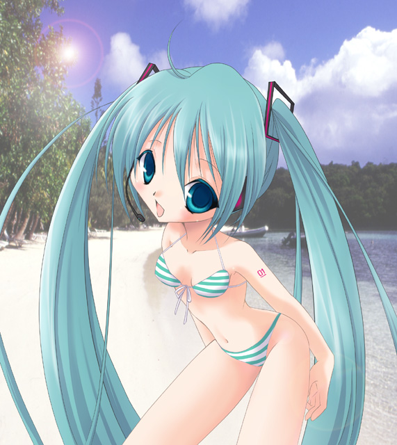narimiya momone, hatsune miku, vocaloid, 1girl, beach, bikini, day, female focus, green eyes, green hair, headphones, leaning forward, long hair, microphone, outdoors, solo, striped bikini, striped clothes, swimsuit, twintails