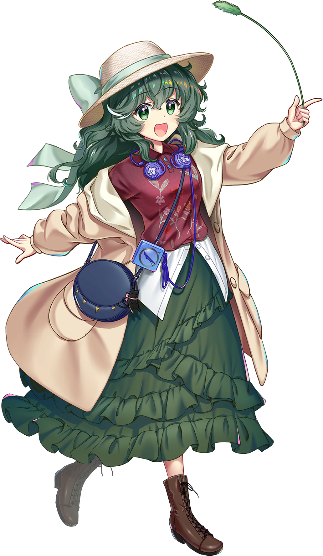 rotte (1109), komeiji koishi, touhou, touhou lostword, game cg, highres, official art, third-party source, 1girl, alternate costume, bag, boots, bow, breasts, brown boots, brown coat, brown hat, coat, collared shirt, floral print, frilled skirt, frills, green bow, green eyes, green hair, green skirt, hat, hat bow, headphones, headphones around neck, holding, lace-up boots, long hair, long sleeves, looking at viewer, open clothes, open coat, open mouth, print shirt, red shirt, shirt, shoulder bag, skirt, small breasts, smile, solo, transparent background