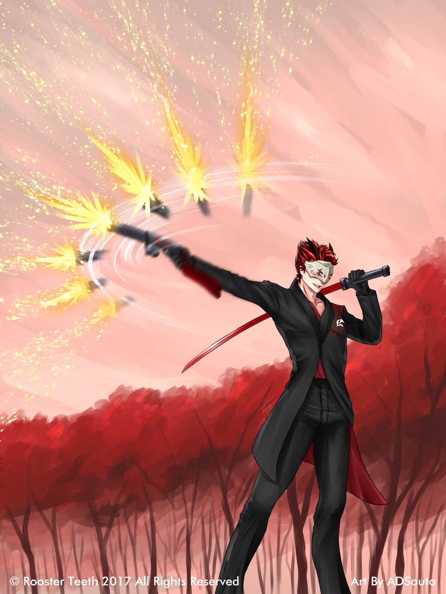 adsouto, adam taurus, rwby, commentary, english commentary, highres, official art, 1boy, artist name, black gloves, black jacket, black pants, chokutou, company name, copyright notice, gloves, gun, holding, holding gun, holding sword, holding weapon, horns, jacket, katana, male focus, mask, open mouth, over shoulder, pants, red hair, red shirt, rifle, shirt, shotgun, smile, smirk, spiked hair, standing, sword, sword over shoulder, tree, weapon, weapon over shoulder, wilt and blush