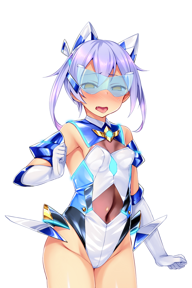 satou kuuki, fujii natsumi (ysphere), ys aqua, soukou seiki ysphere, game cg, large variant set, non-web source, official art, variant set, 1girl, bare shoulders, blue-tinted eyewear, blush, breasts, chest jewel, covered erect nipples, covered navel, cowboy shot, elbow gloves, fang, gloves, headgear, highleg, highleg leotard, humanization, leotard, looking at viewer, magical girl, open mouth, personification, purple hair, short hair, simple background, skin tight, small breasts, solo, standing, thighhighs, tinted eyewear, tongue, tongue out, transparent background, twintails, white background, white gloves, white leotard, yellow eyes