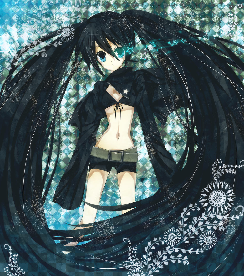 hayata aya, black rock shooter (character), black rock shooter, vocaloid, bad id, bad pixiv id, 10s, 1girl, belt, bikini, bikini top only, black hair, blue eyes, cape, female focus, long hair, midriff, navel, shorts, solo, swimsuit, twintails