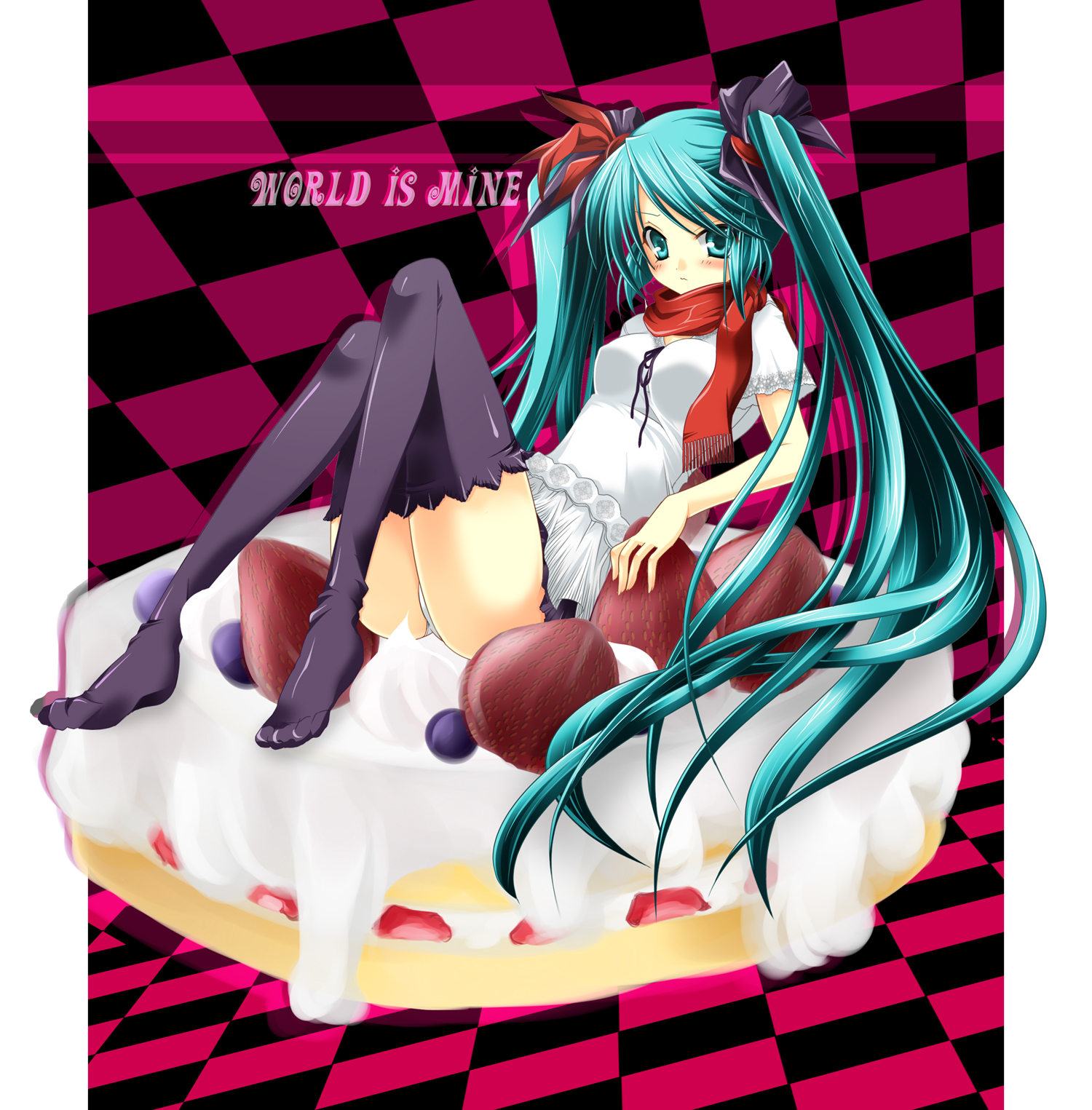 775, hatsune miku, vocaloid, world is mine (vocaloid), bad id, bad pixiv id, highres, 1girl, aqua eyes, aqua hair, bad anatomy, bad feet, cake, feet, female focus, food, hair ribbon, long hair, panties, pastry, poorly drawn, ribbon, sitting, skirt, solo, thighhighs, twintails, underwear, very long hair