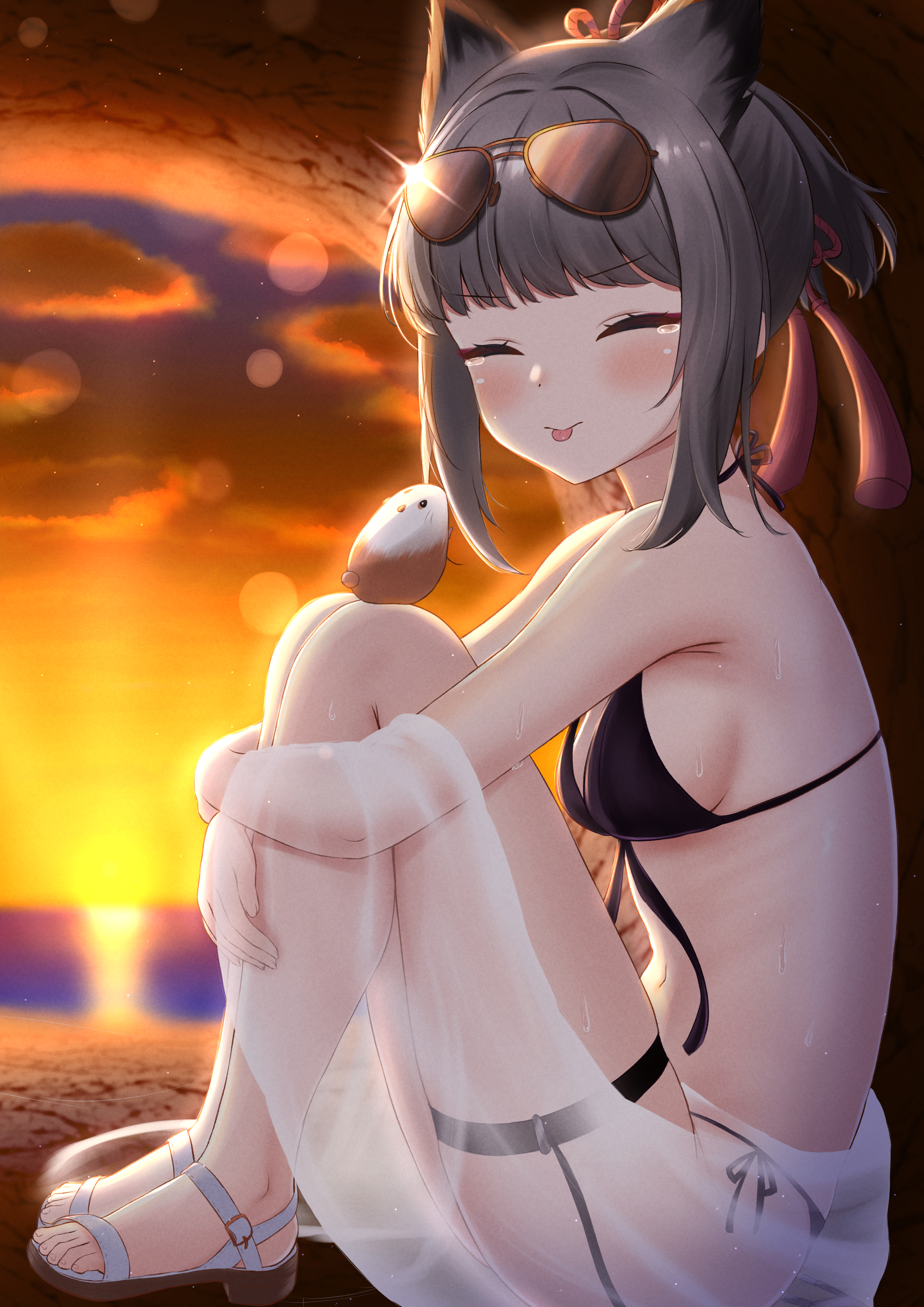 paashe, suzutsuki (azur lane), suzutsuki (beachside attendant!) (azur lane), azur lane, absurdres, highres, variant set, 1girl, :p, animal, animal ears, bikini, black bikini, breasts, closed eyes, eyewear on head, grey hair, hamster, looking at viewer, outdoors, ponytail, sandals, side-tie bikini bottom, sitting, small breasts, sunglasses, sunset, swimsuit, tearing up, thigh strap, tongue, tongue out, twitter username
