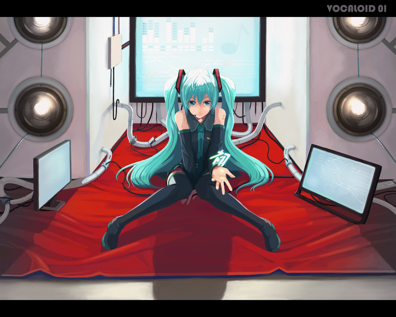 elrowa, erurowa, hatsune miku, vocaloid, 1girl, aqua eyes, aqua hair, detached sleeves, female focus, letterboxed, long hair, microphone, necktie, sitting, skirt, solo, thighhighs, twintails, very long hair, zettai ryouiki