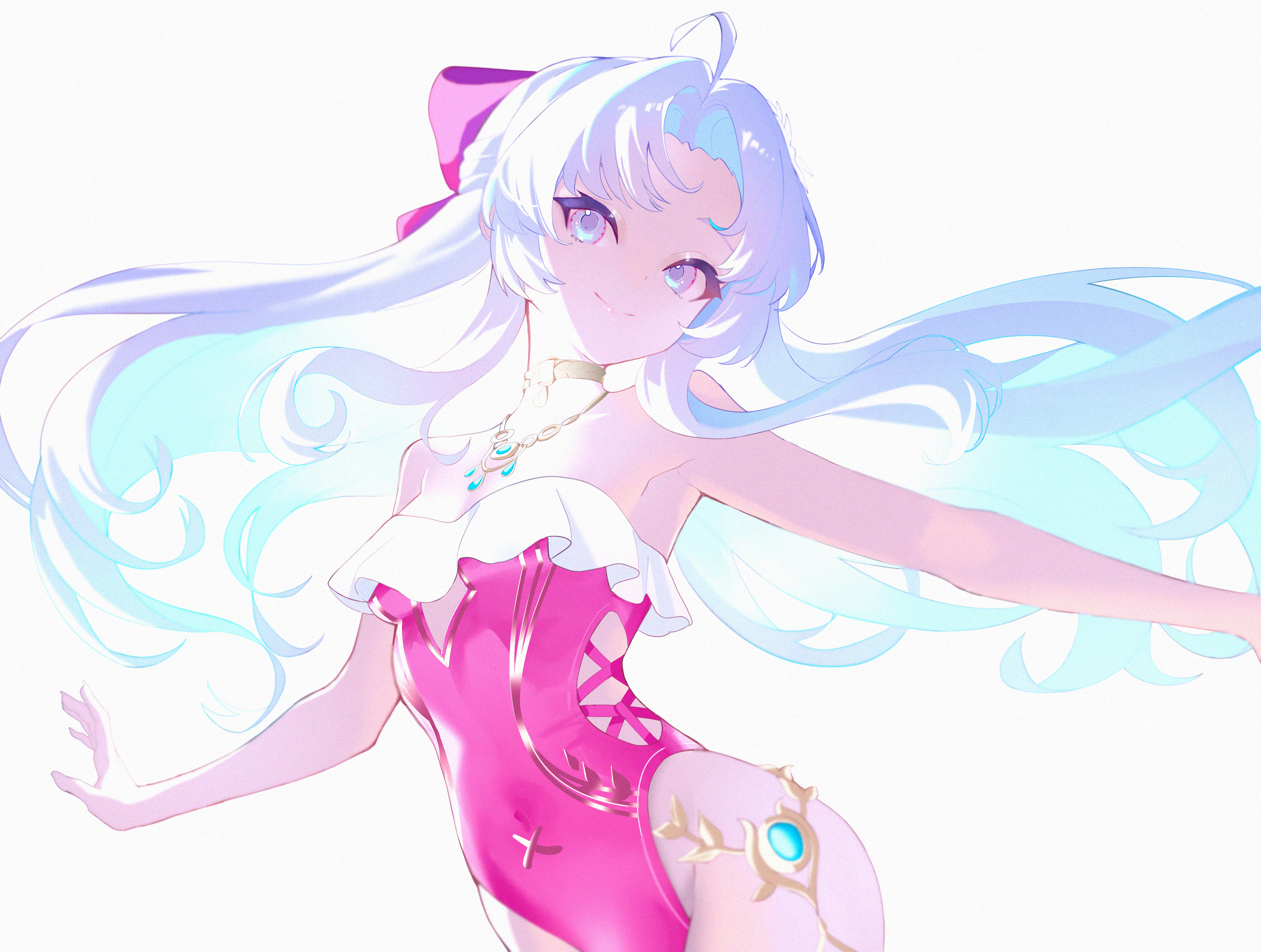 izumi (izzmuui), carlotta (splashing summer) (wuthering waves), carlotta (wuthering waves), wuthering waves, absurdres, commentary, english commentary, highres, 1girl, ahoge, bare shoulders, blue eyes, bow, breasts, casual one-piece swimsuit, closed mouth, cowboy shot, frilled one-piece swimsuit, frills, hair bow, long hair, medium breasts, off-shoulder one-piece swimsuit, off shoulder, official alternate costume, one-piece swimsuit, parted bangs, pink bow, pink one-piece swimsuit, smile, solo, swimsuit, white hair