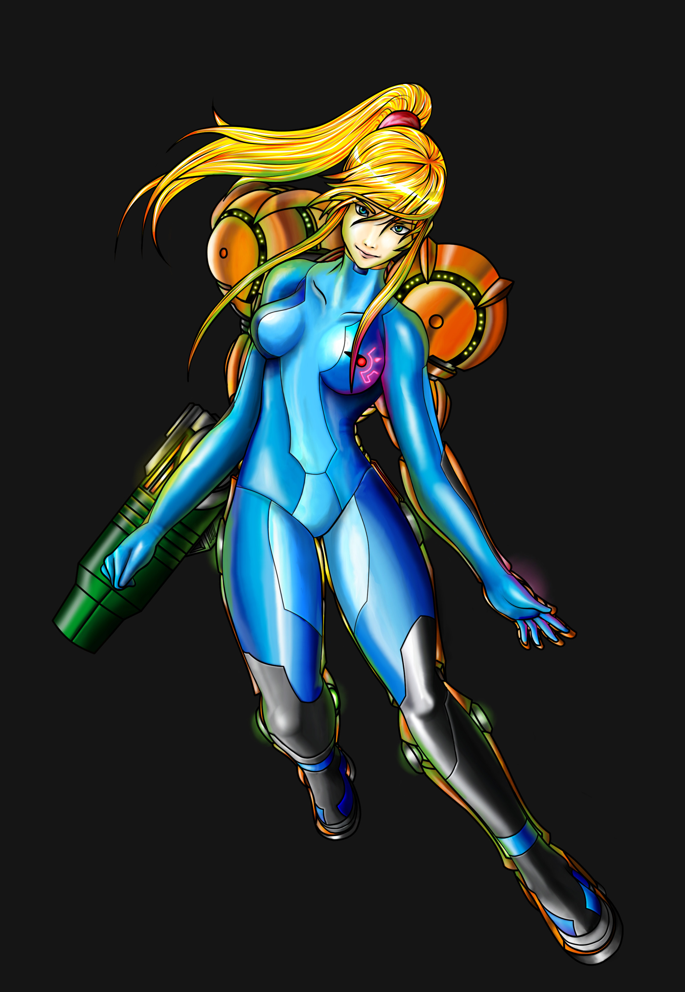 red ringo, samus aran, metroid, nintendo, absurdres, highres, md5 mismatch, resized, resolution mismatch, source smaller, upscaled, 1girl, armor, bodysuit, female focus, ponytail, power suit (metroid), skin tight, smile, solo, spandex, varia suit, x-ray, zero suit