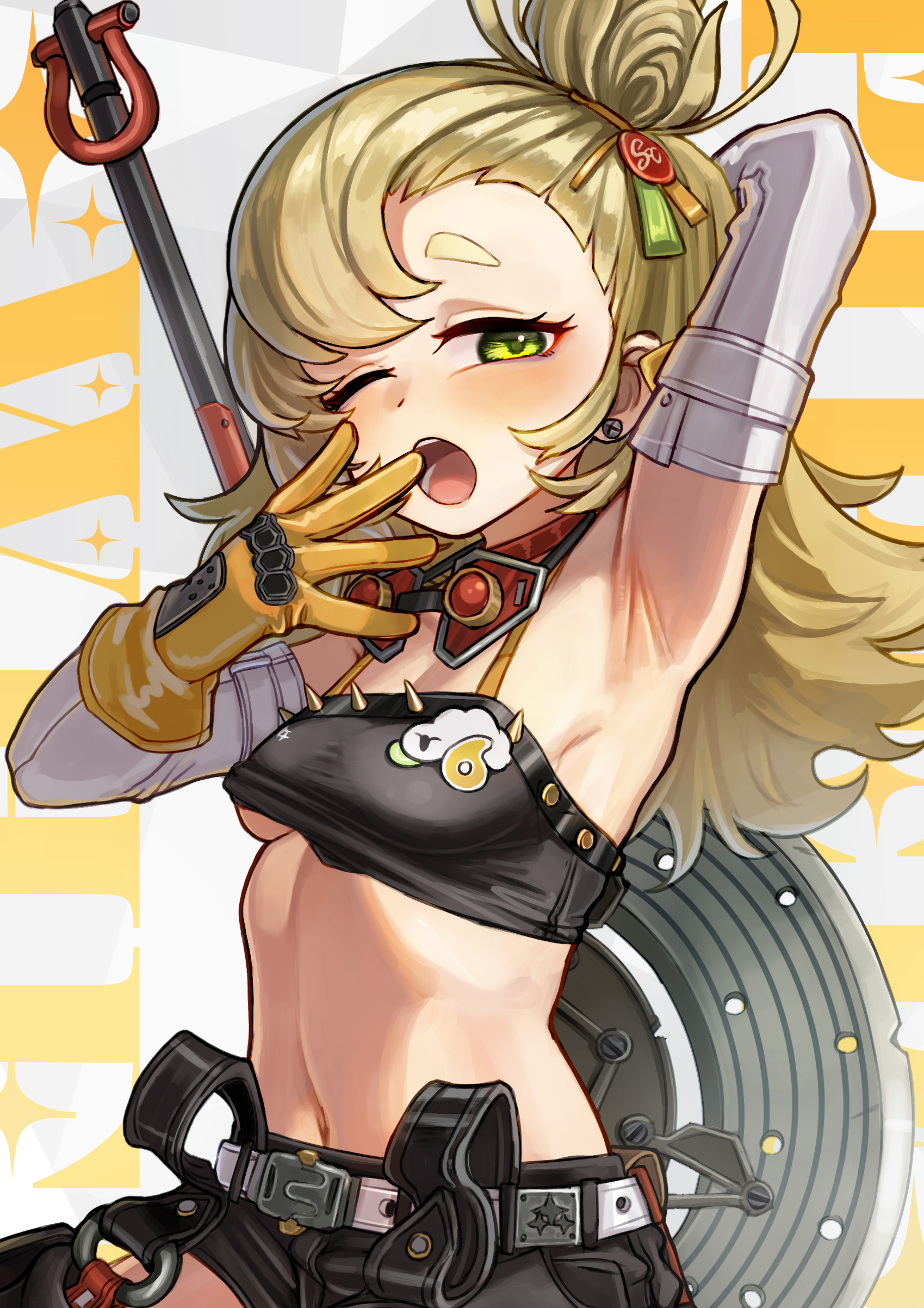 hakai no ika, piper wheel, zenless zone zero, absurdres, commentary, english commentary, highres, 1girl, arm up, armpits, belt, black shorts, black tube top, blonde hair, breasts, character name, covering own mouth, crop top, detached pants, detached sleeves, earrings, gloves, goggles, goggles around neck, green eyes, jewelry, long hair, looking at viewer, midriff, navel, one eye closed, open mouth, short eyebrows, shorts, solo, spaghetti strap, spiked shirt, stomach, strapless, thick eyebrows, tube top, weapon, white background, white sleeves, yawning, yellow gloves