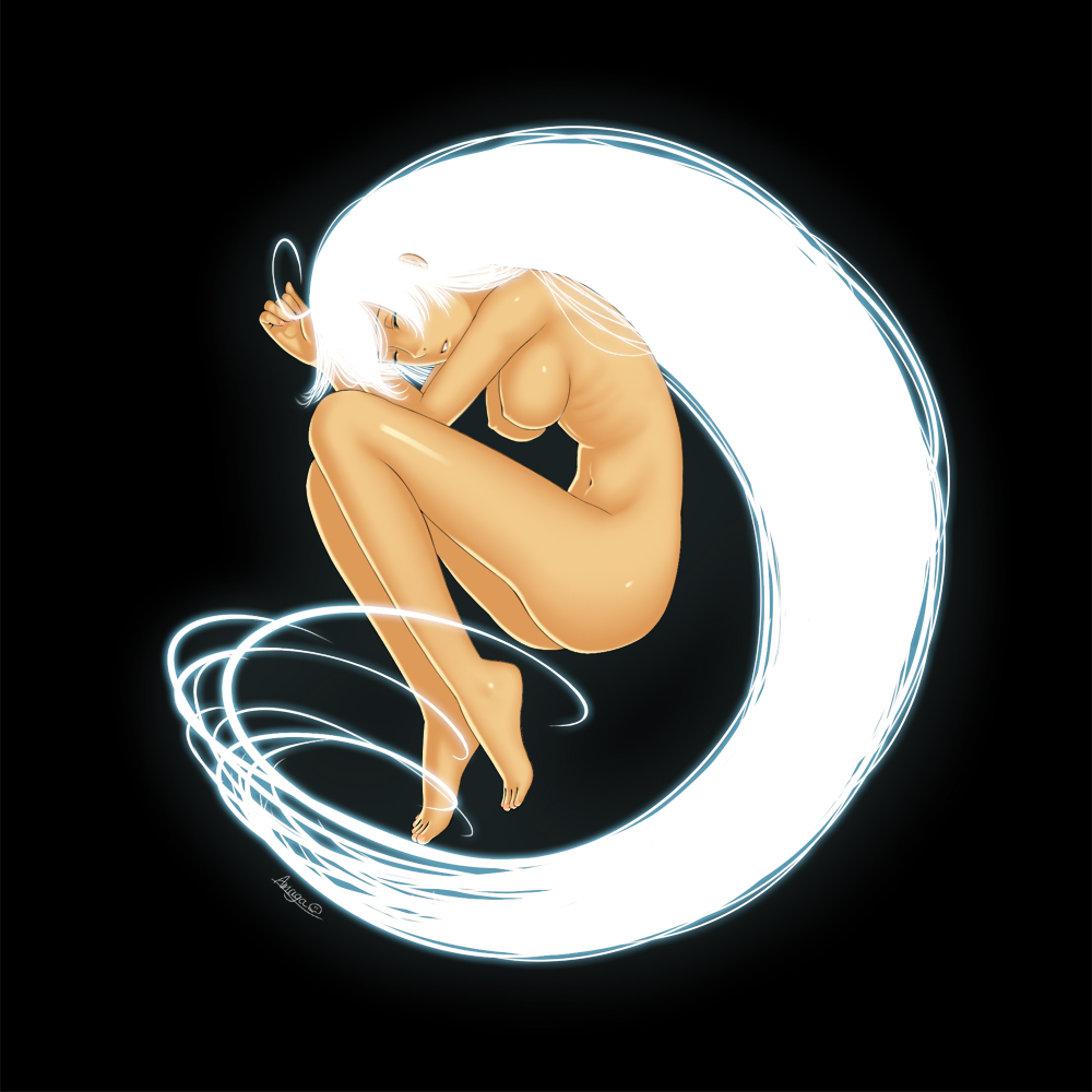 amaga sakuramaru, barefoot, breasts, closed eyes, completely nude, feet, fetal position, large breasts, long hair, nude, sleeping, solo, tan, very long hair, white hair