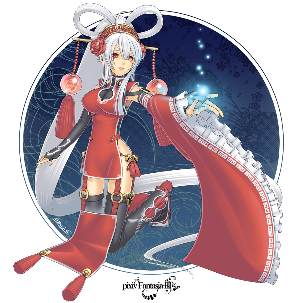 amaga sakuramaru, pixiv fantasia, pixiv fantasia 3, silver hair, 1girl, absurdly long hair, akatsuhara empire, bell, detached sleeves, female focus, flower, full body, hair ornament, kneeling, long hair, magic, red eyes, rose, smile, solo, thighhighs, very long hair, yin yang