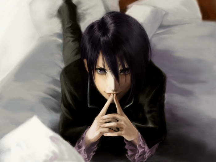 leon magnus, tales of (series), tales of destiny, tales of destiny 2, 00s, 1boy, bed, black hair, cuffs, lying, male focus, pillow, purple eyes, realistic, solo