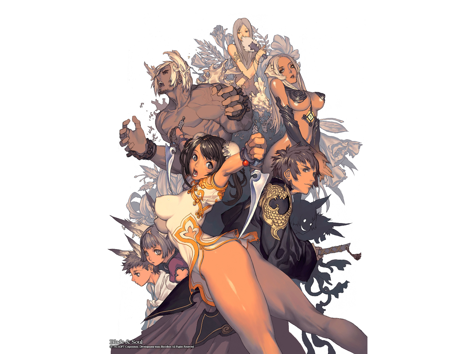 kim hyung tae, blade & soul, bad tag, wallpaper, highres, animal ears, black hair, breasts, dark skin, double bun, dress, flower, gloves, knife, mmorpg, sword, weapon